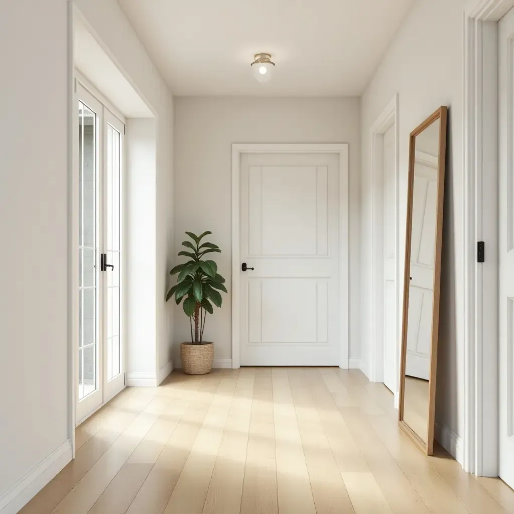 a photo of a welcoming hallway with light wood floors and simple decorative accents