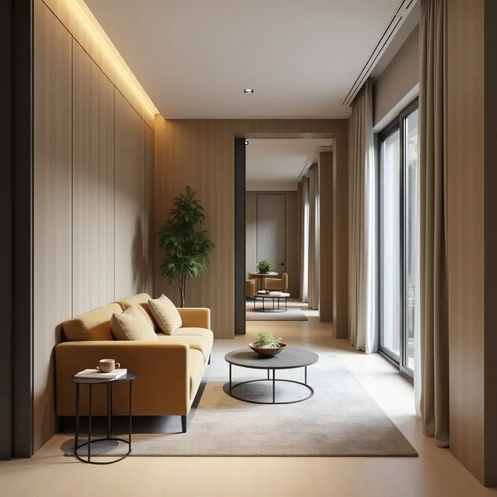 a photo of a stylish corridor featuring a small sectional sofa