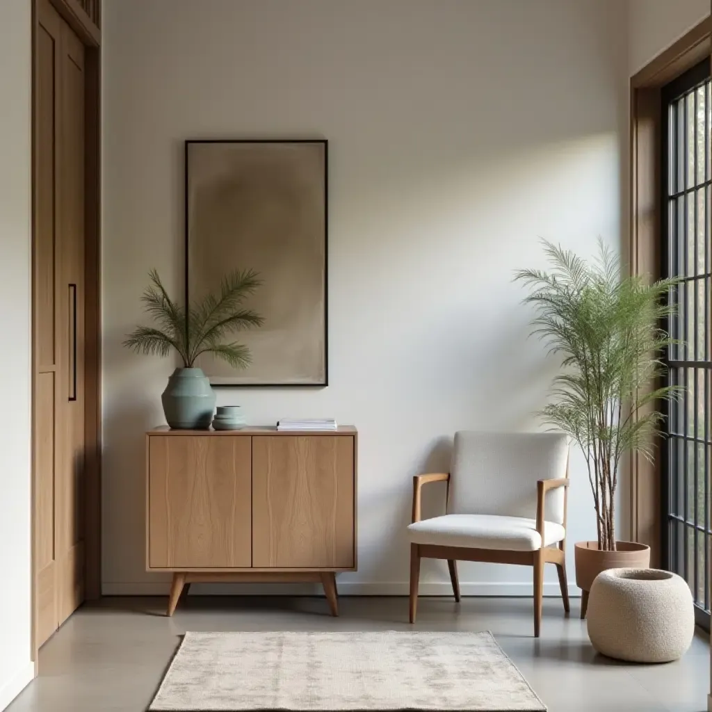 a photo of a chic entrance hall with a statement piece and minimalist furniture