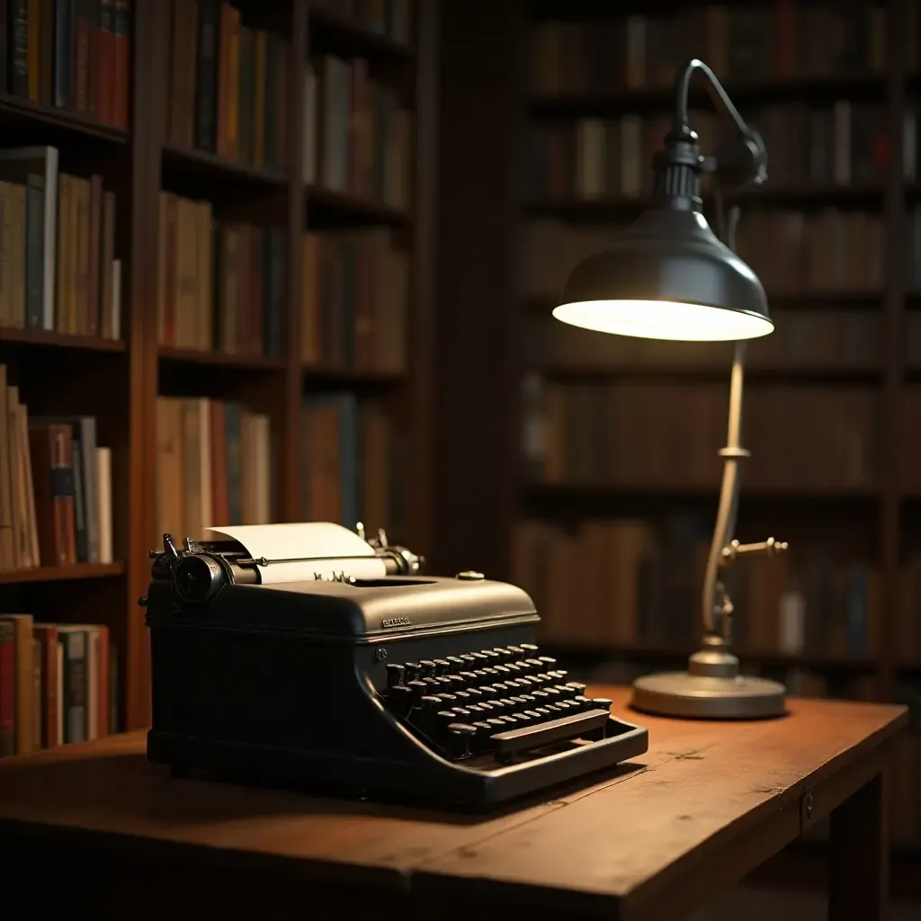 a photo of a library with a vintage typewriter and industrial lighting