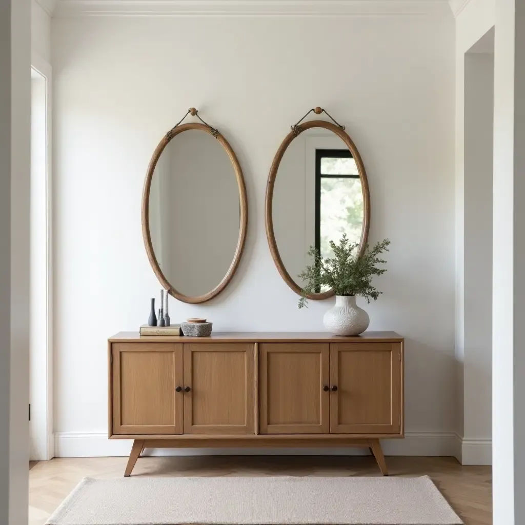 a photo of an entryway with a vintage wooden console table and mirrors