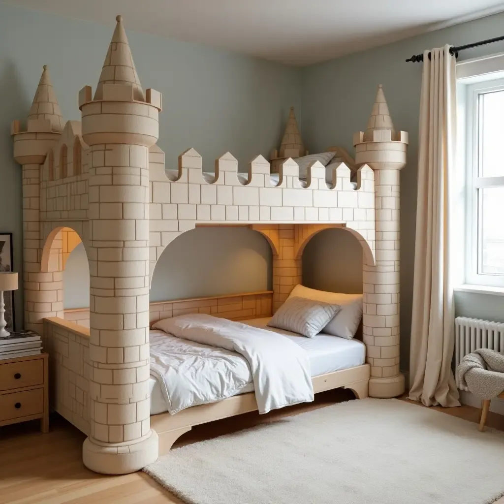 a photo of a themed bunk bed resembling a castle