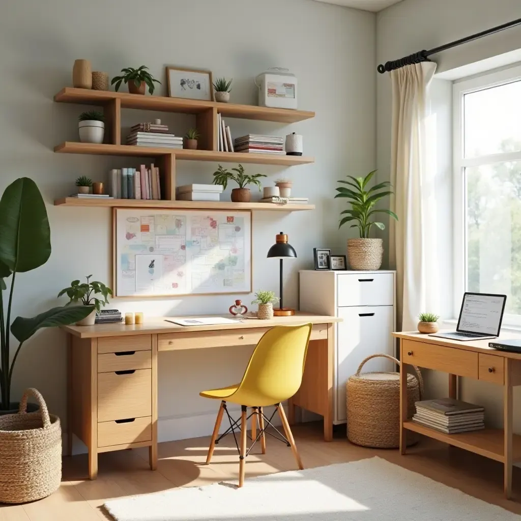 a photo of a bright and cheerful craft station with storage