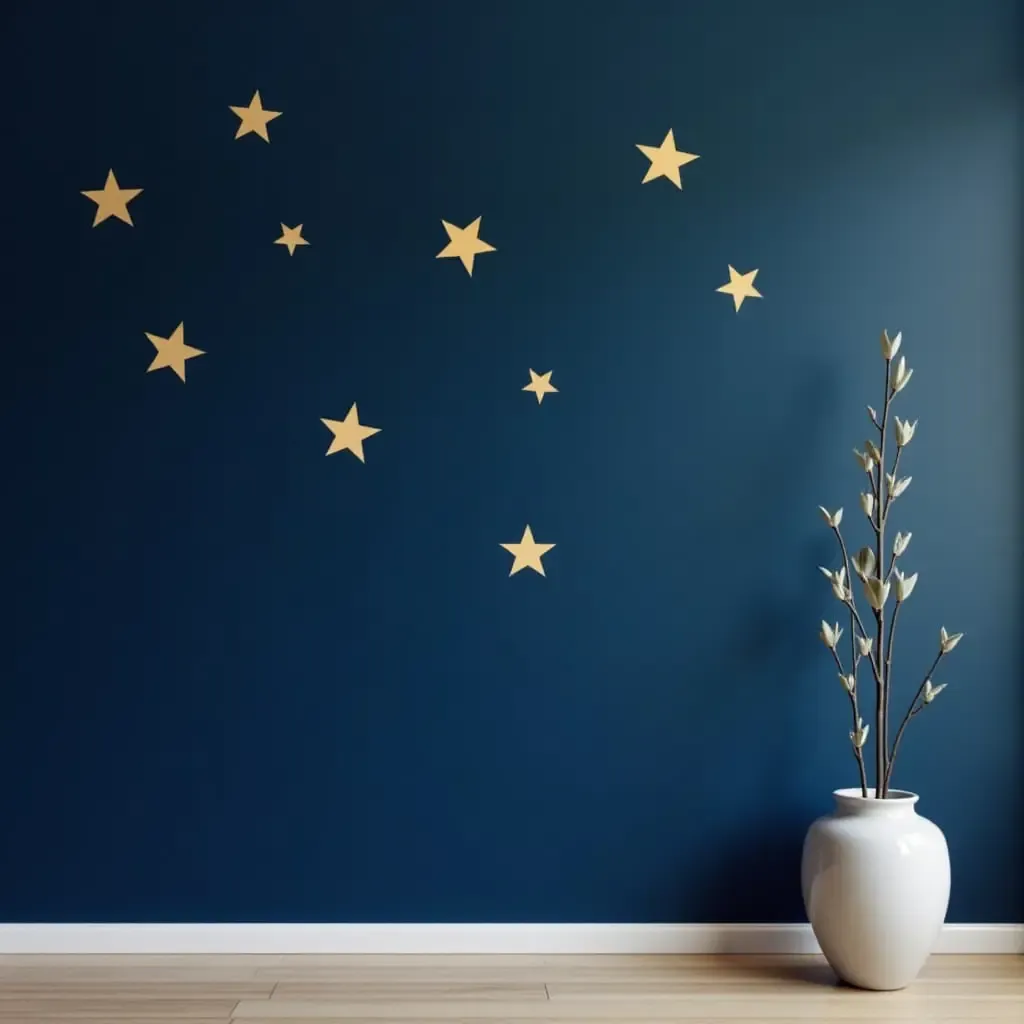 a photo of a wall painted in deep navy blue with star decals