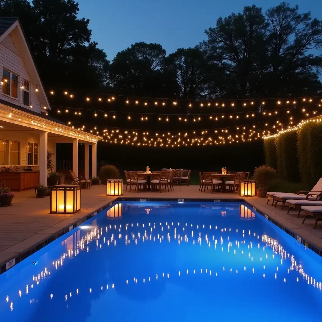 a photo of a serene pool deck adorned with farmhouse-style lanterns and string lights