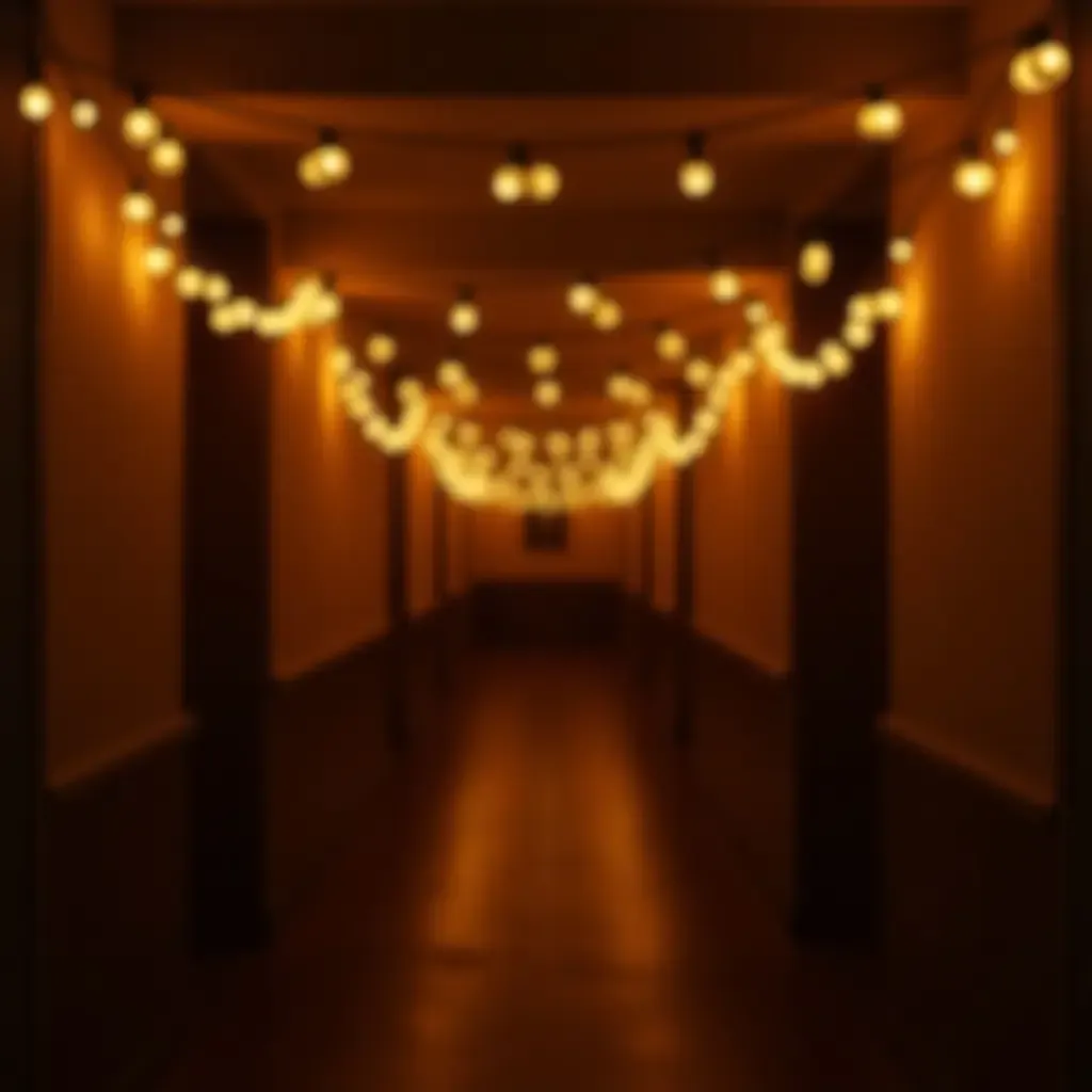 a photo of string lights illuminating a corridor with warmth