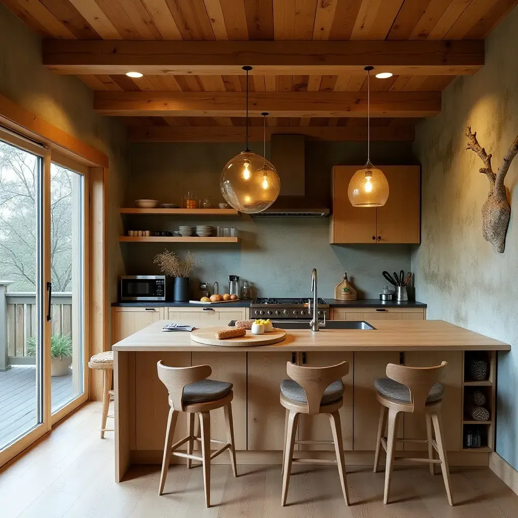 a photo of an eco-friendly kitchen using reclaimed wood, natural stone, and recycled metal