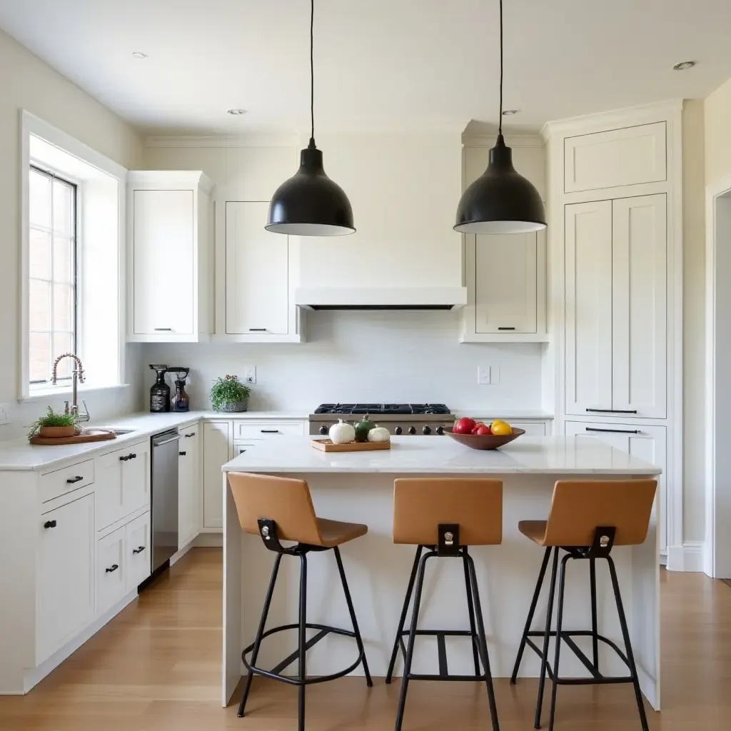 a photo of a small kitchen with a multifunctional island and chic bar stools