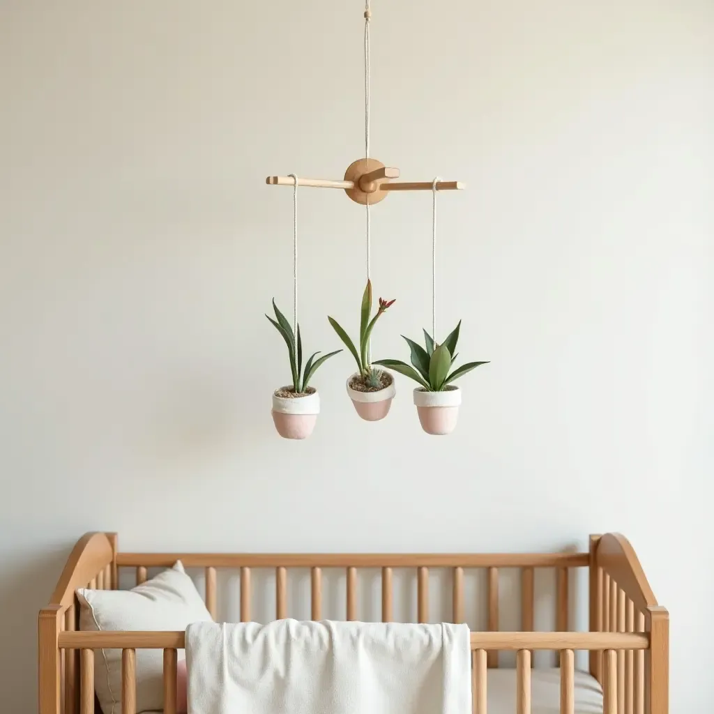 a photo of a nursery with a plant-themed mobile hanging above the crib