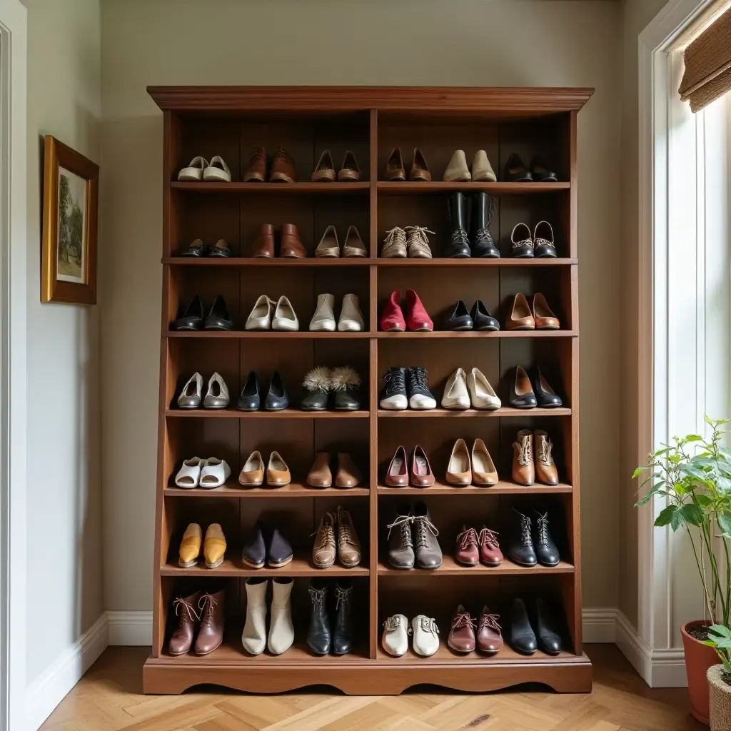 a photo of a retro shoe rack filled with stylish vintage shoes in a hallway