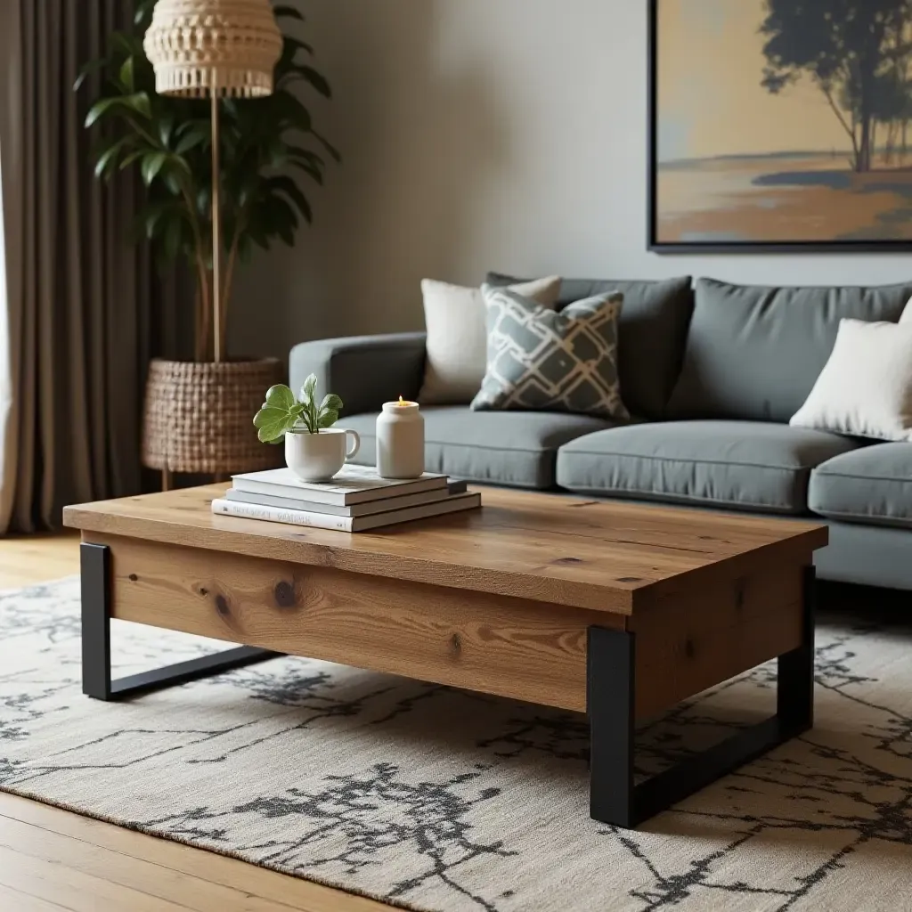 a photo of a living room with a reclaimed wood coffee table and metal accents