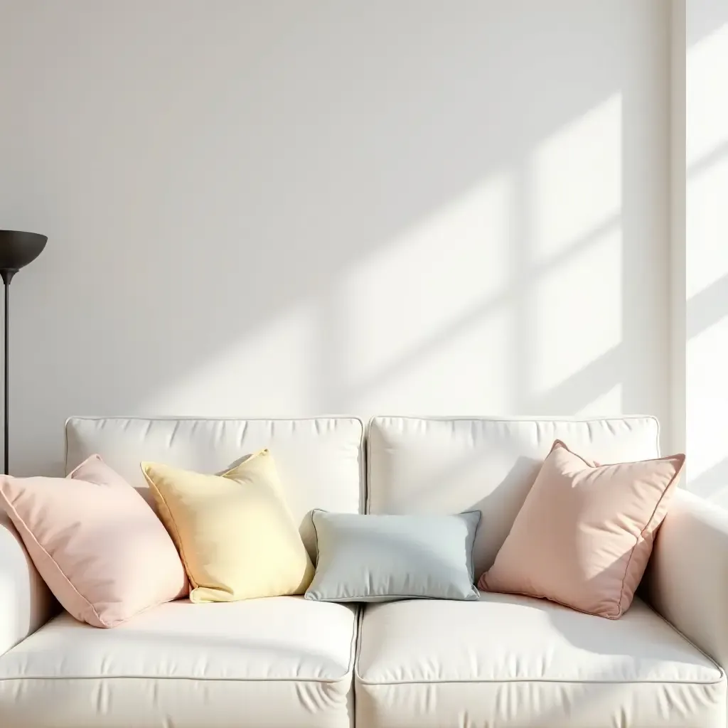 a photo of a bright basement with pastel throw pillows on a white sofa