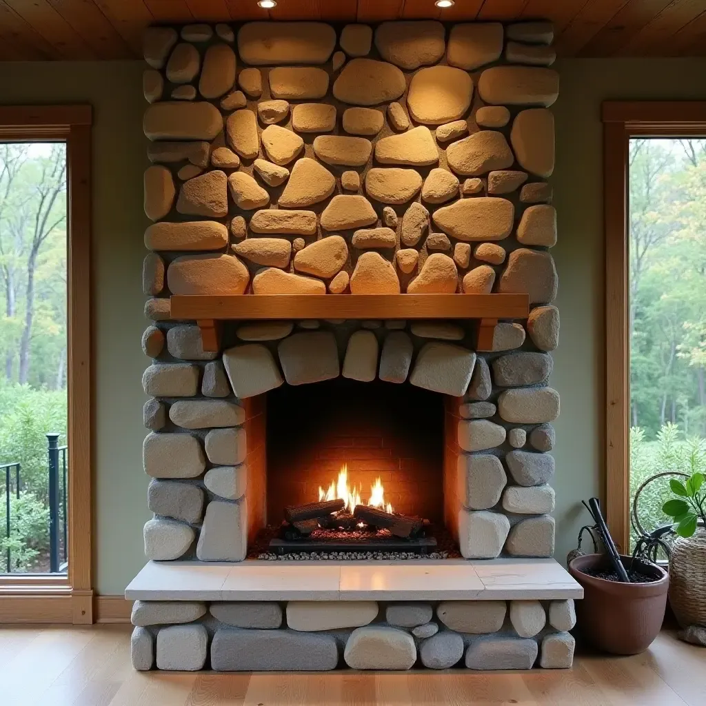 a photo of a stone fireplace surround blending with nature indoors