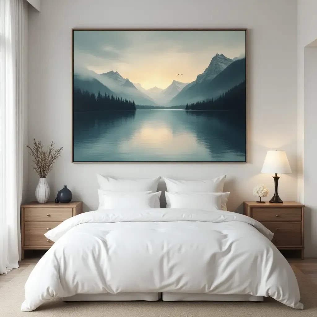 a photo of a serene landscape painting above a bed