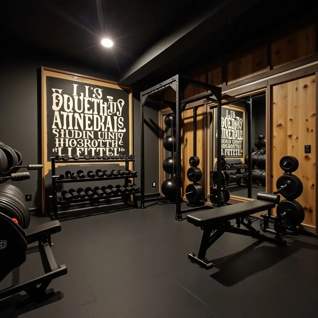 a photo of a basement workout space decorated with motivational wall art