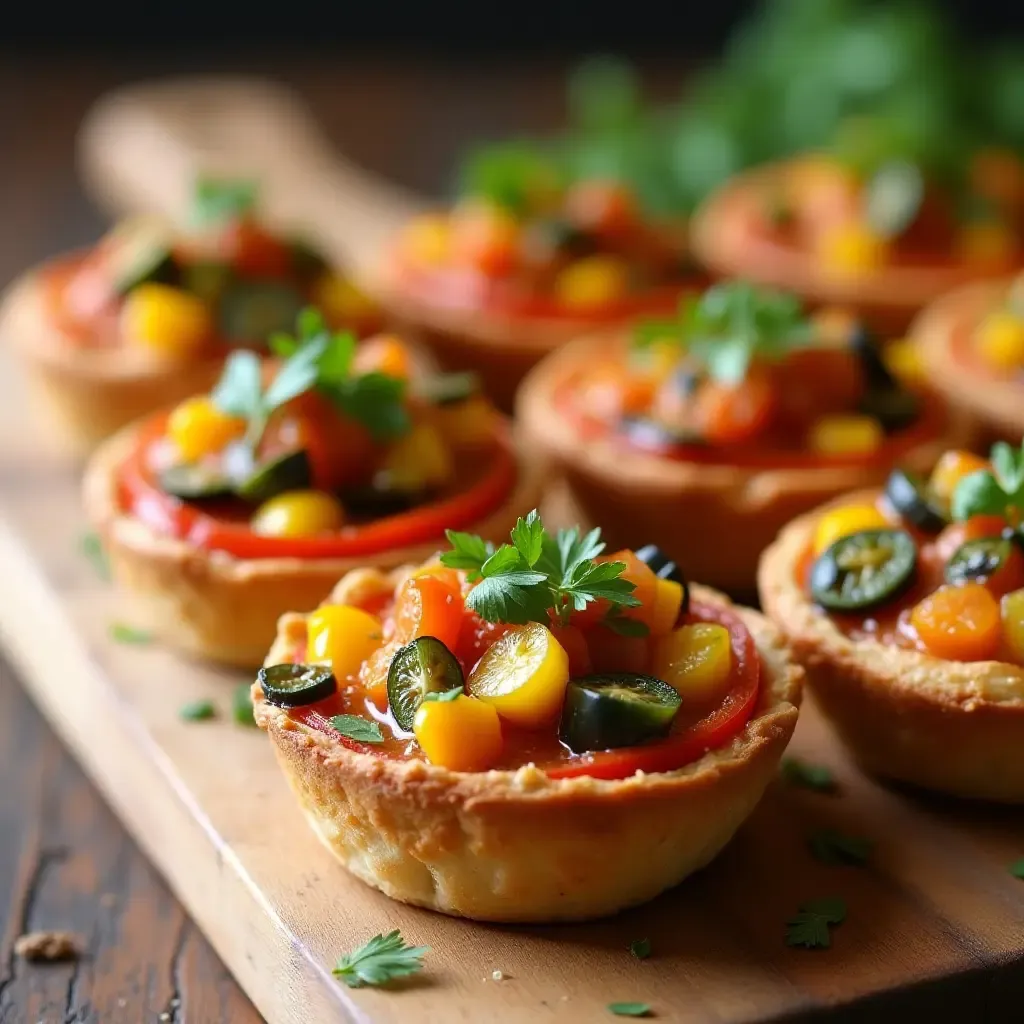 a photo of colorful ratatouille tartlets garnished with fresh herbs on a rustic wooden board.