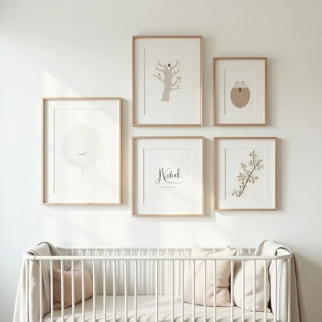 a photo of a nursery gallery wall with a focus on textures