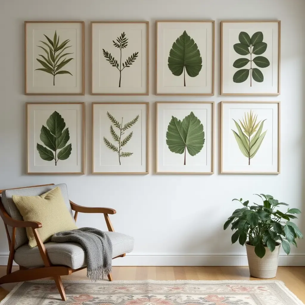 a photo of a nature-inspired wall with botanical prints in a basement