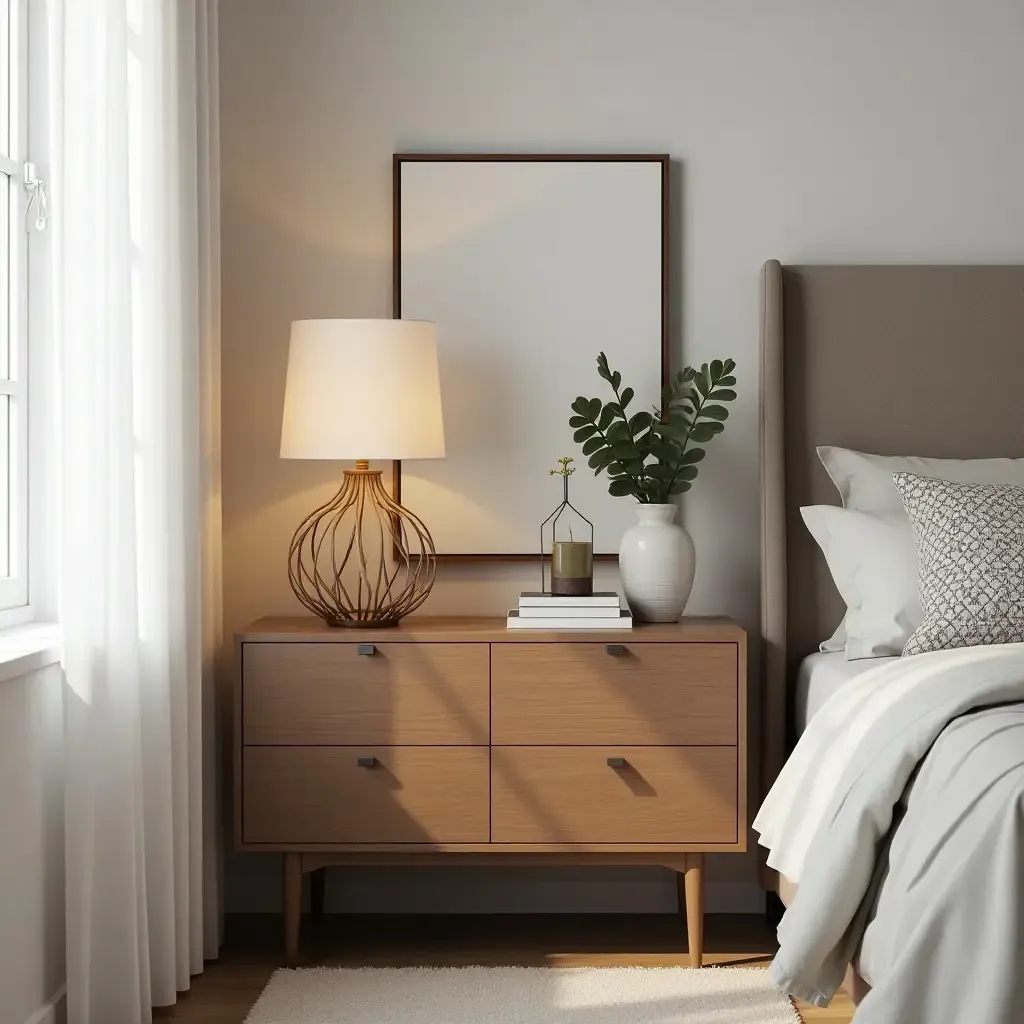 a photo of a nightstand with a decorative mirror and stylish decor