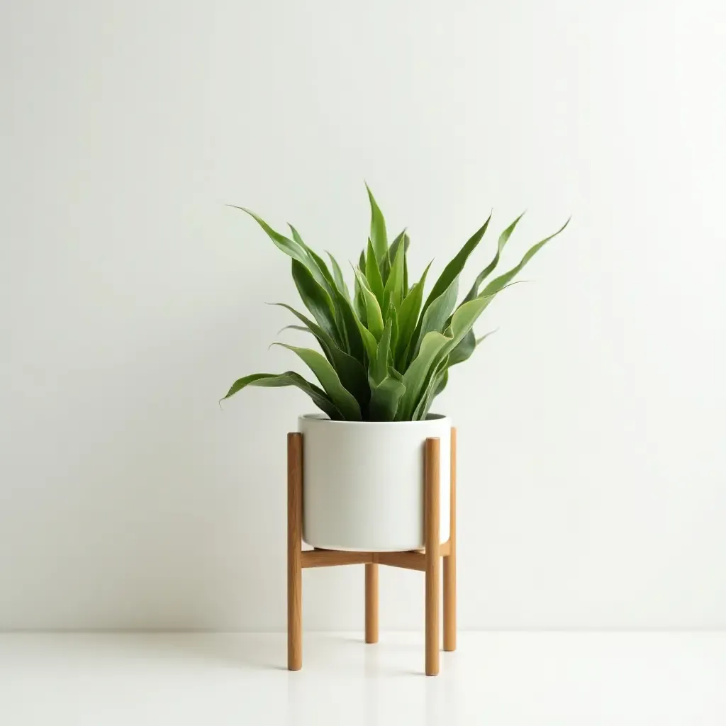 a photo of a minimalist plant stand showcasing greenery