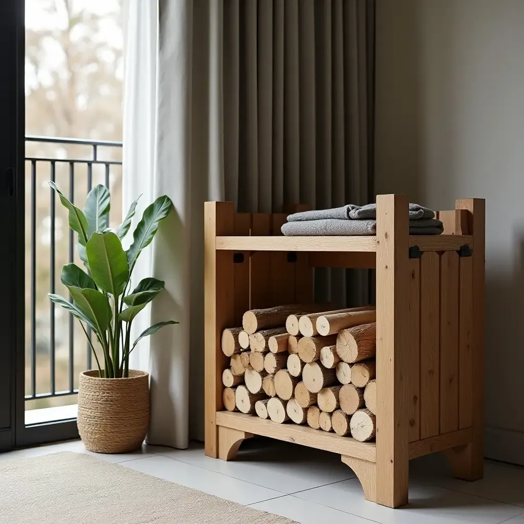 a photo of a balcony featuring a wooden firewood holder