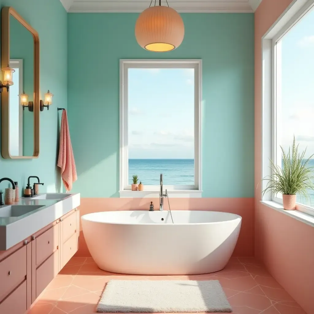 a photo of a bright aqua and coral bathroom with beachy vibes