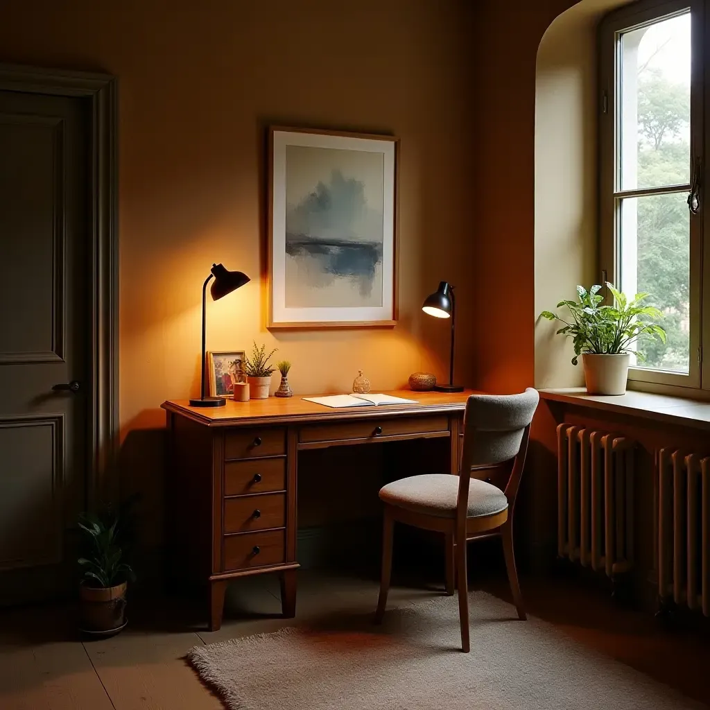 a photo of a cozy corner office with warm lighting and a vintage desk