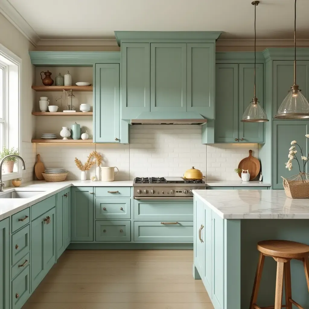 a photo of a serene aqua and sandy beige kitchen with coastal elements