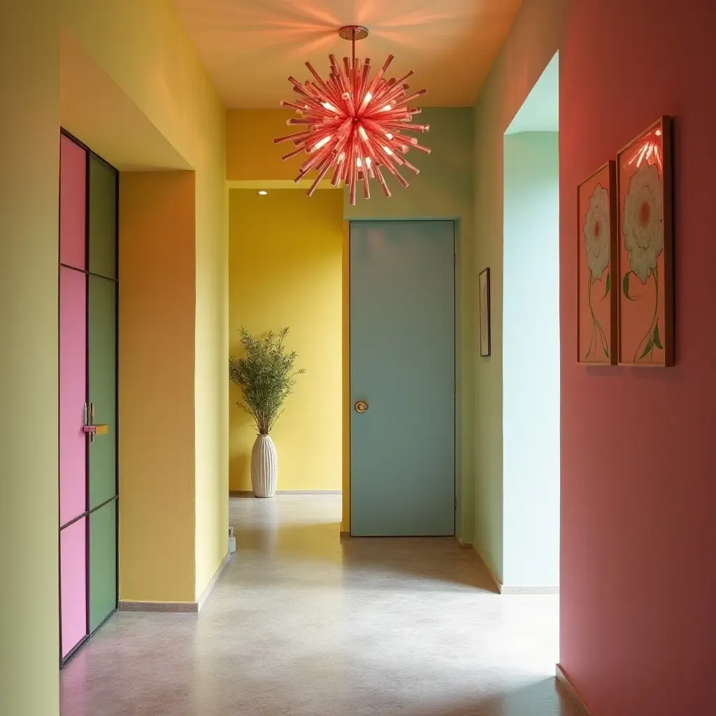 a photo of an entrance hall with a whimsical light fixture and colorful wall paint