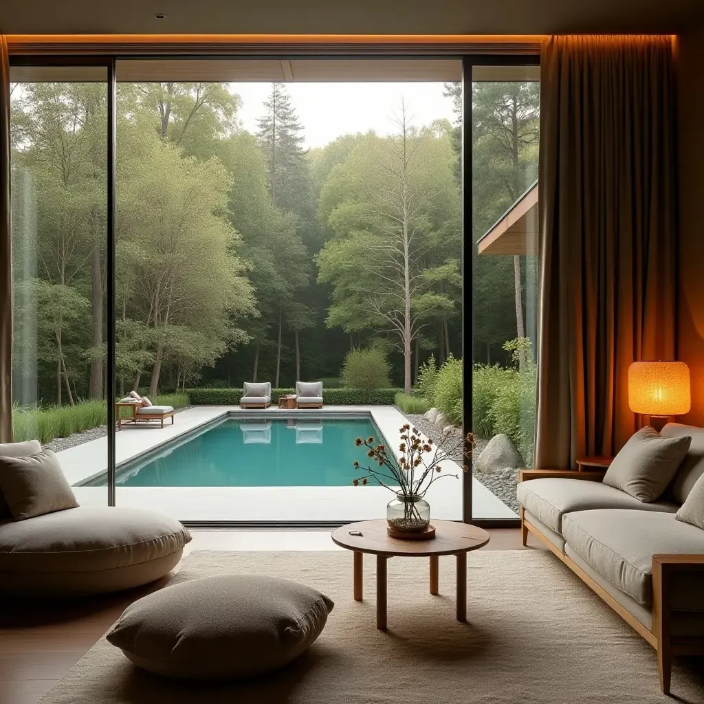 a photo of a chic lounge with a view of the pool and surrounding nature