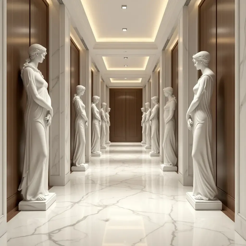 a photo of a sleek marble corridor showcasing elegant sculptures and decor