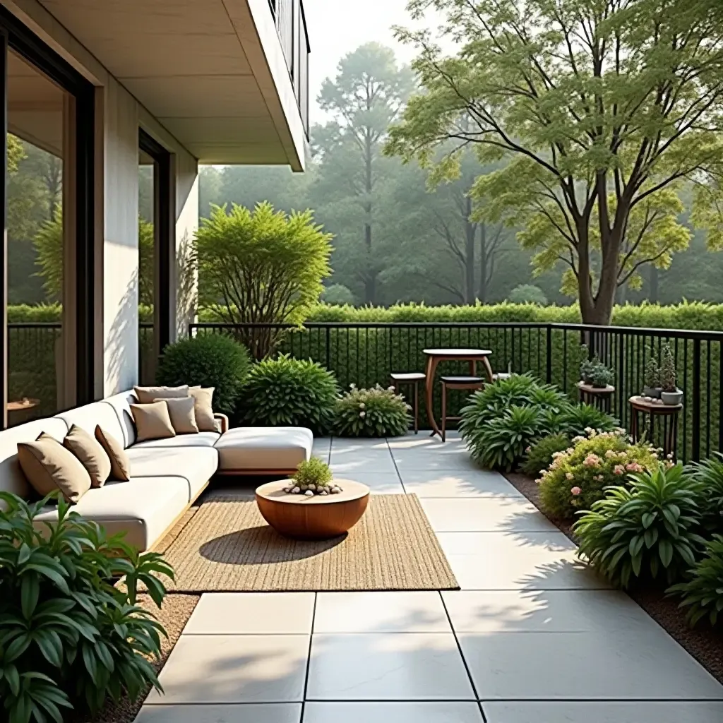 a photo of a balcony with a zen garden and tranquil seating