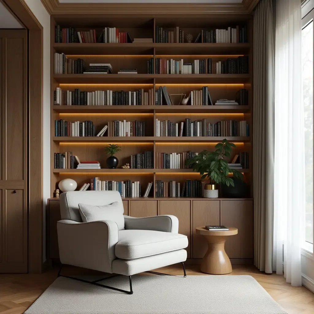 a photo of a reading nook with a wall-mounted bookshelf and a cozy armchair