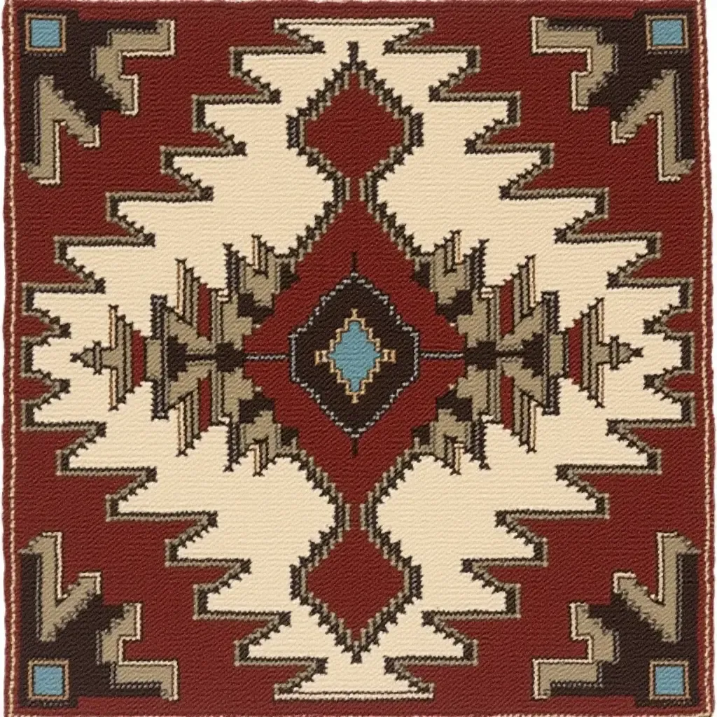 a photo of a chic, patterned rug with a tribal design