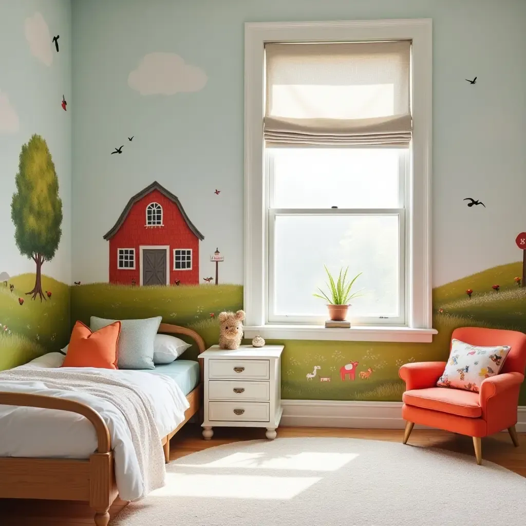 a photo of a whimsical kids&#x27; room with a farmhouse mural and bright accents