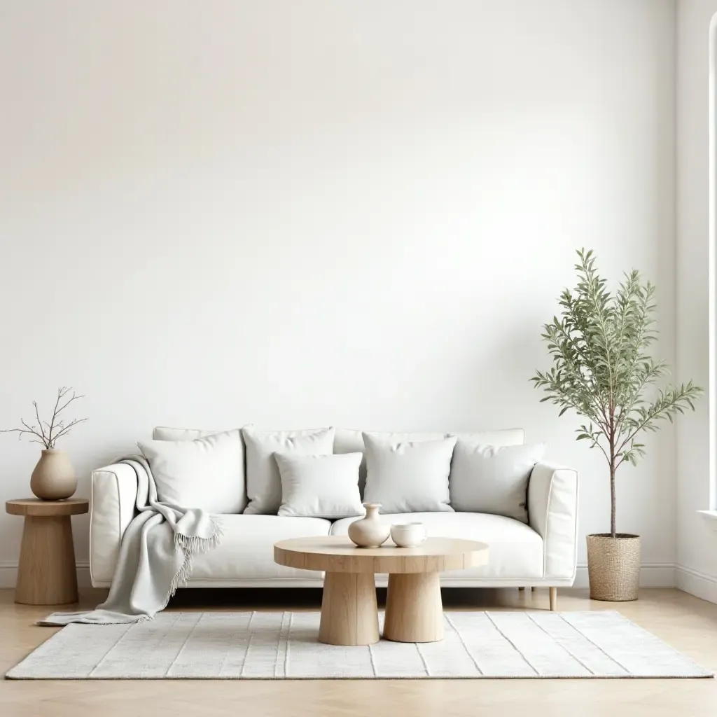 a photo of a light and airy Scandinavian living room with a neutral color scheme