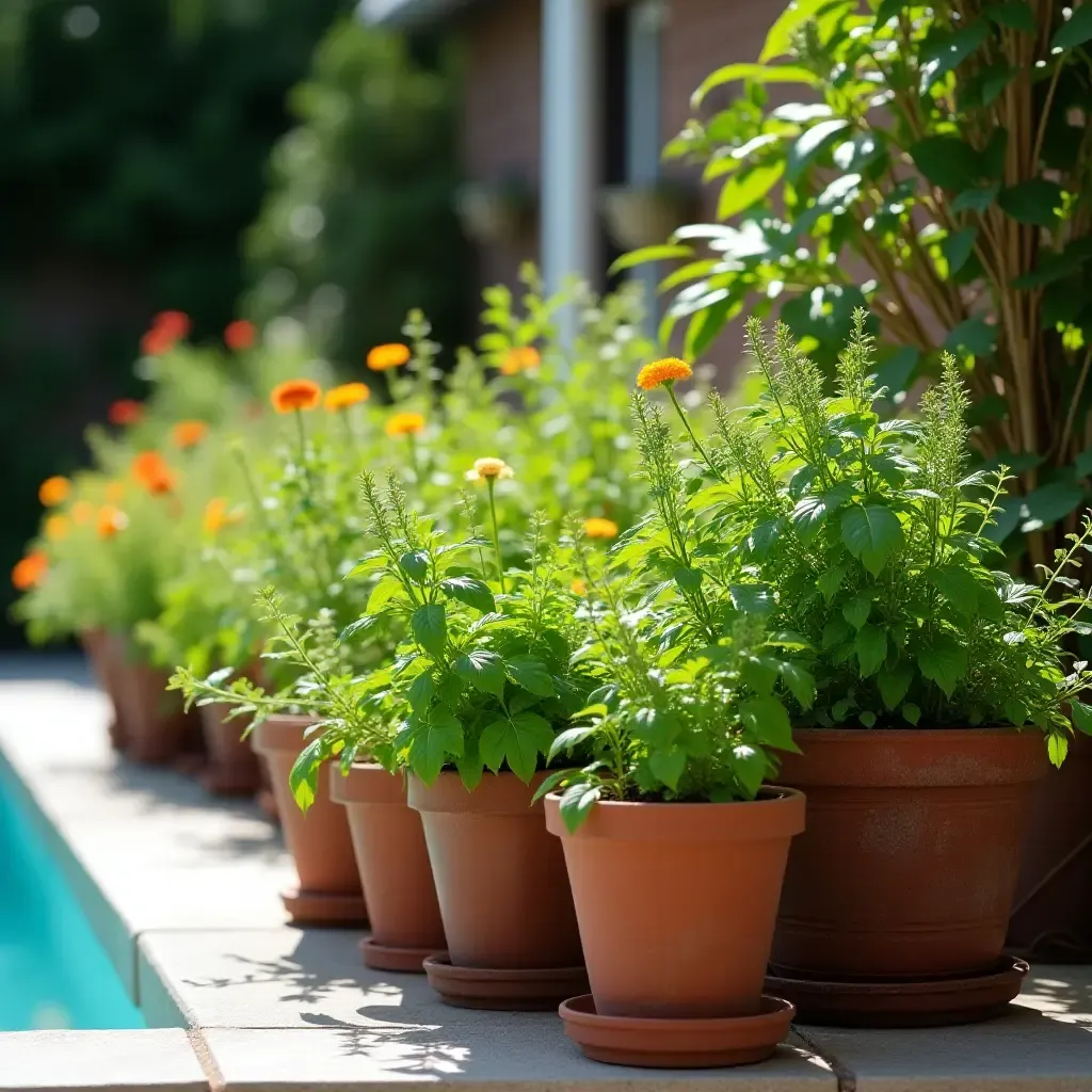 a photo of a vibrant herb garden in pots by the pool