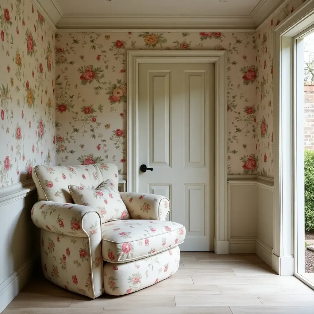 a photo of an entrance hall with a giant teacup chair and floral wallpaper