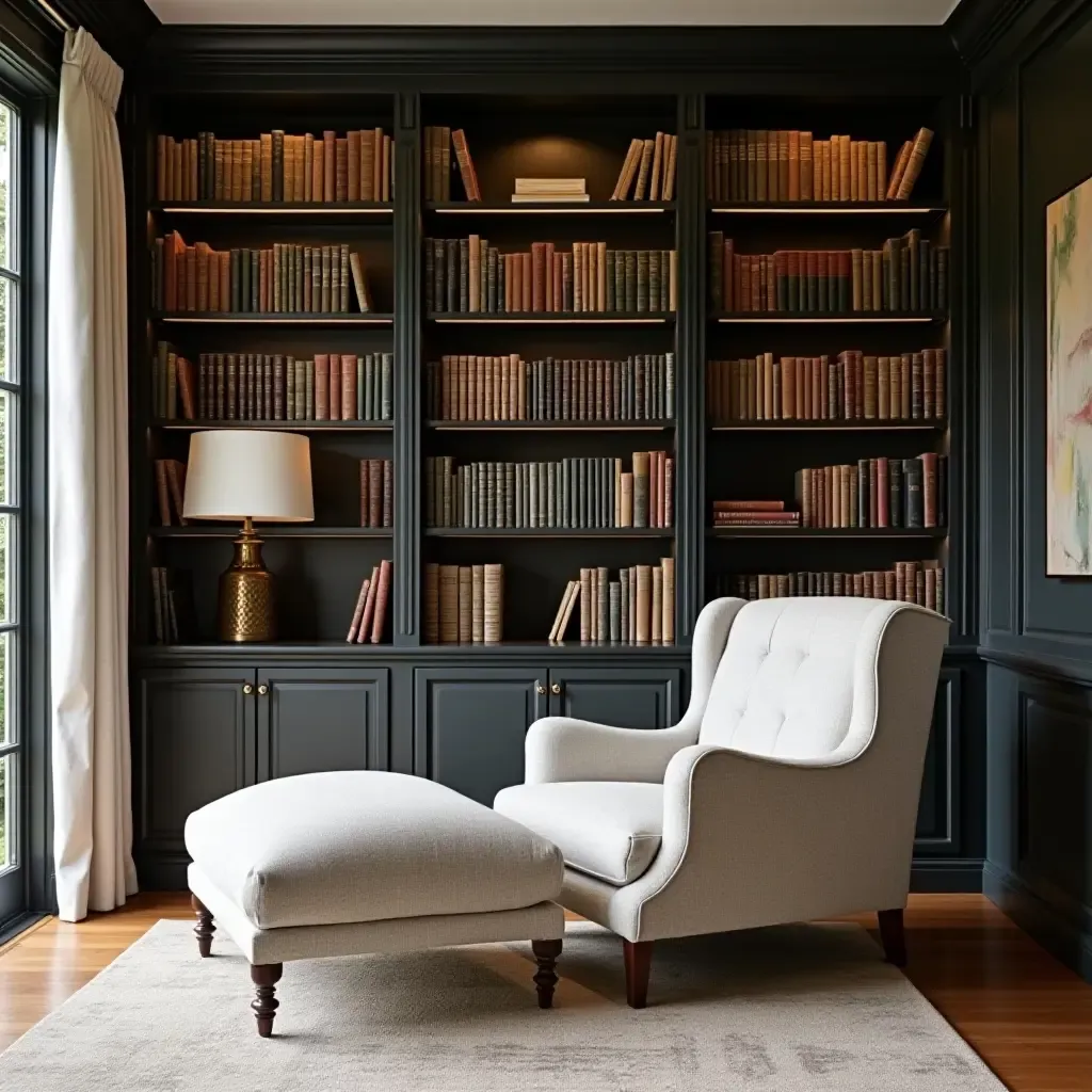 a photo of a farmhouse library featuring a comfortable chaise lounge and books