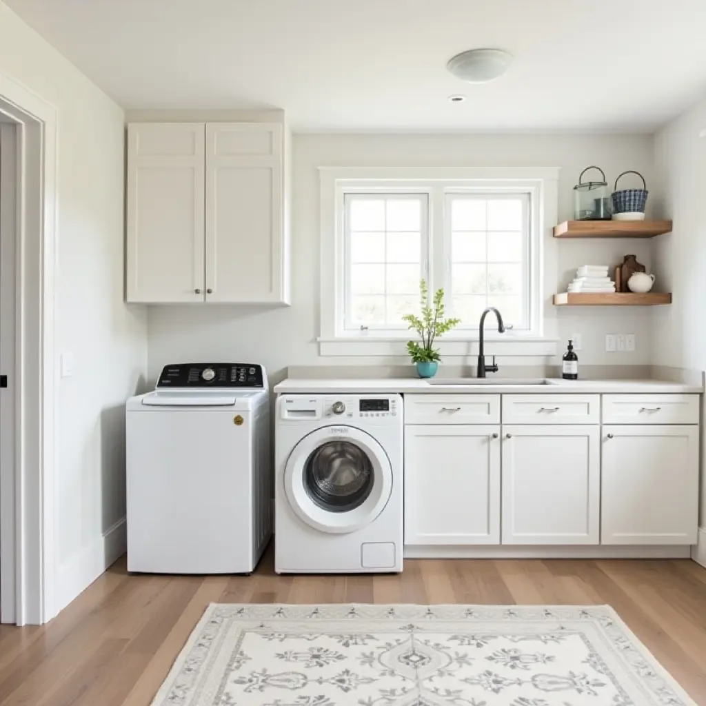 a photo of a basement laundry room designed with farmhouse charm and practicality