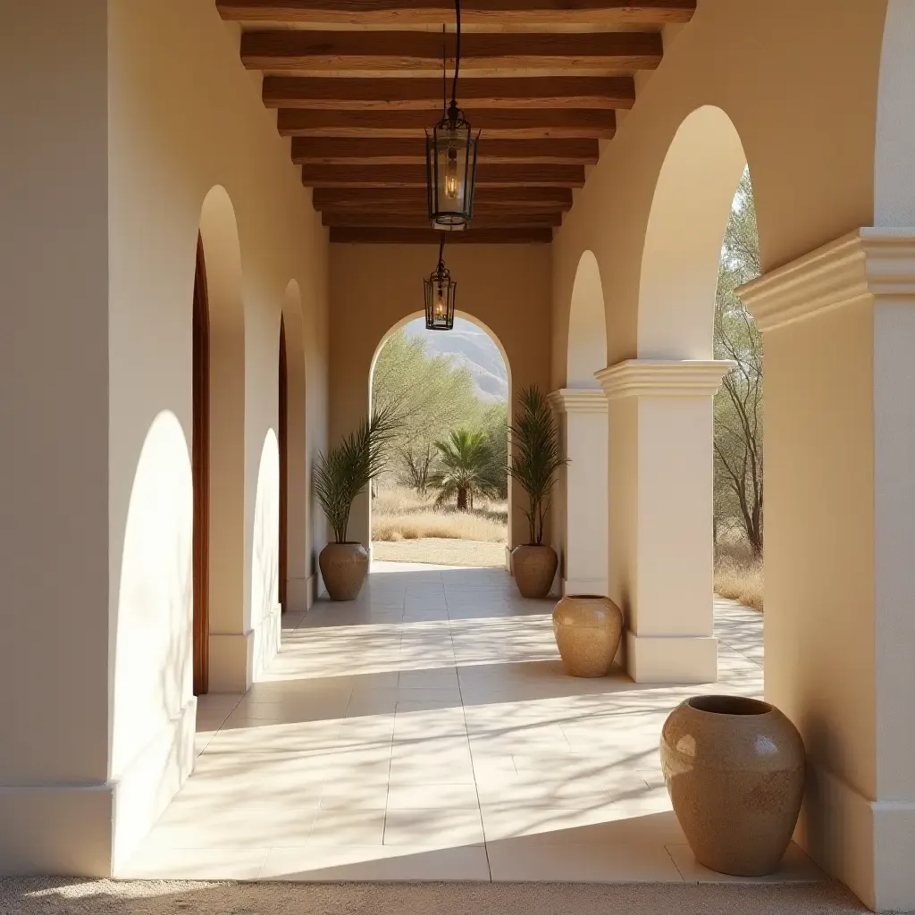 a photo of a Mediterranean corridor decorated with soft, earthy tones and natural textures