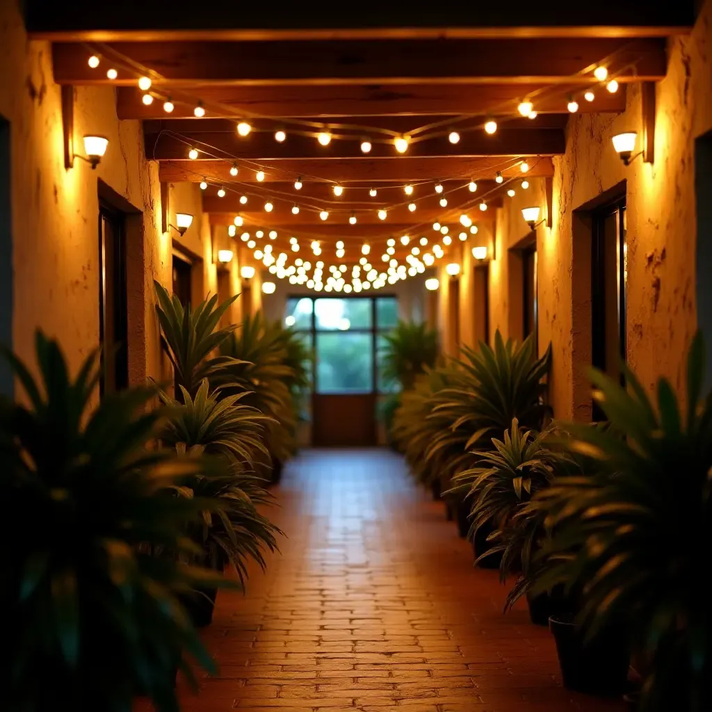 a photo of a corridor illuminated by string lights and plants