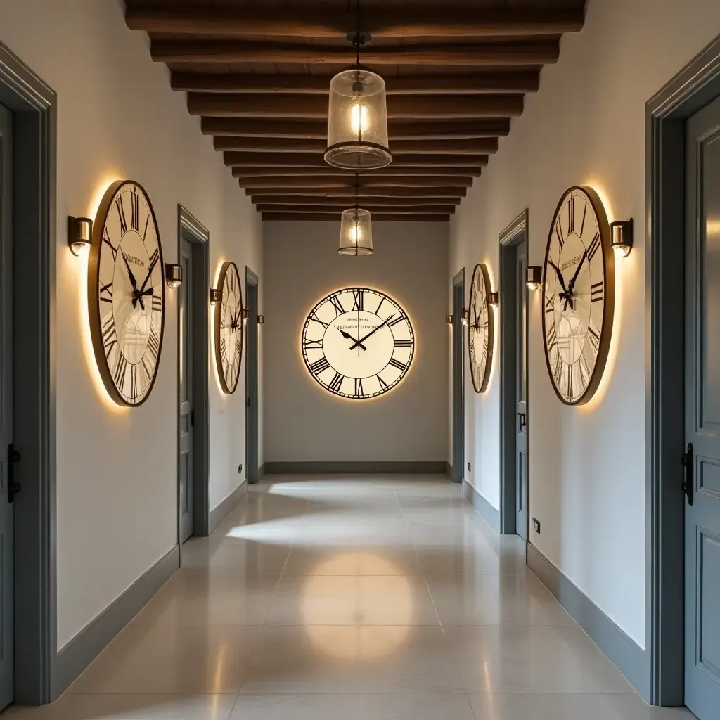 a photo of a corridor decorated with industrial-style wall clocks