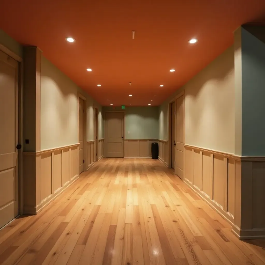 a photo of a basement with wooden flooring and bright colors