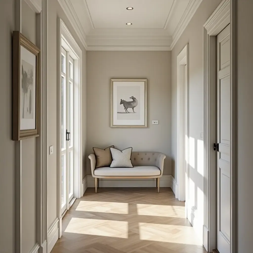 a photo of a corridor with a chic gallery wall and bench seating