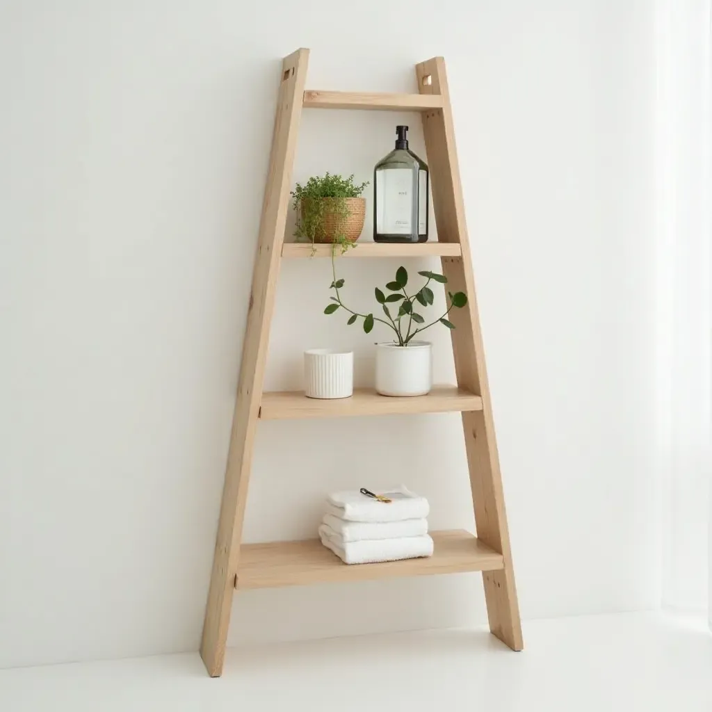 a photo of a repurposed ladder as a bathroom shelf