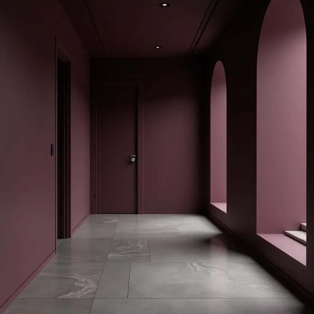 a photo of a dramatic plum and silver grey corridor