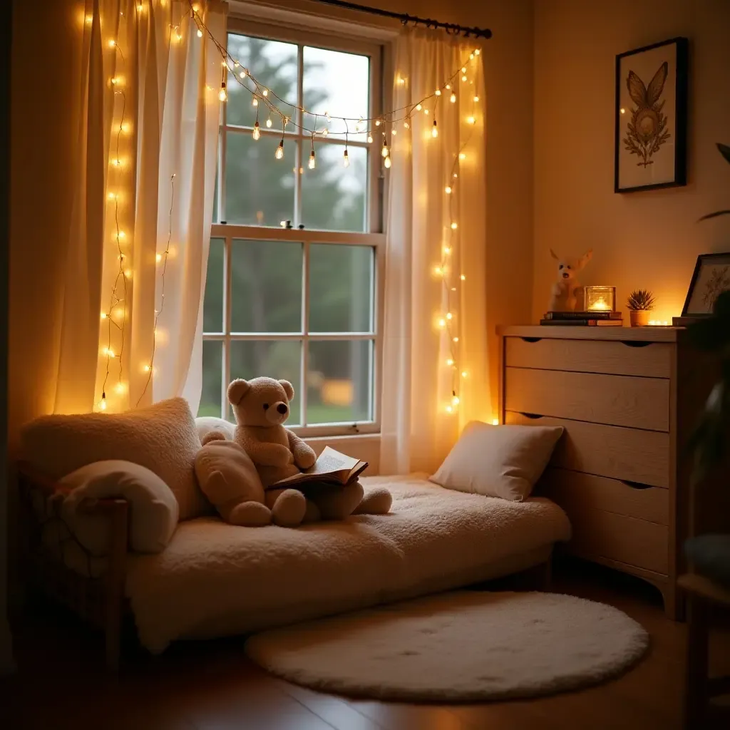 a photo of a nursery with a reading nook illuminated by fairy lights