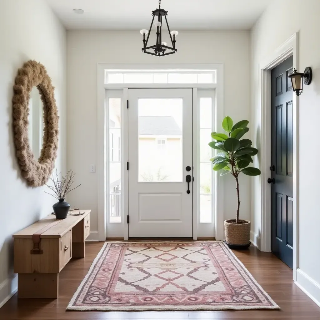 a photo of a rustic farmhouse rug complementing an inviting entryway