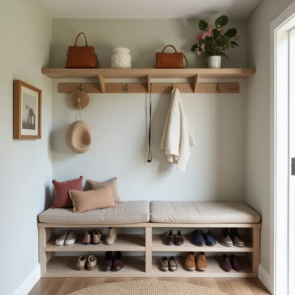 a photo of a stylish entryway featuring open shelving for shoes and accessories